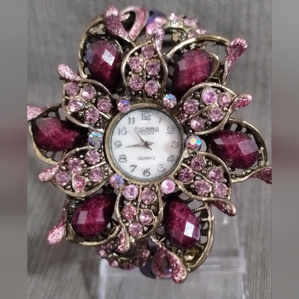 Gorgeous & Whimsical Watch Bracelet w/ Pink/Purple Rhinestones ~Runs, Keeps Time